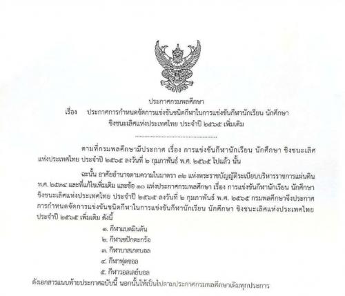 ประกาศการกำหนดจัดการแข่งขันชนิดกีฬาในการแข่งขันกีฬานักเรียน นักศึกษา ชิงแชมป์ประเทศไทยประจำปี 2565 (เพิ่มเติม)